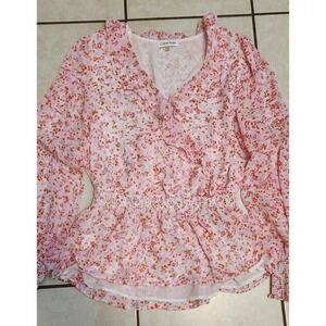 Calvin‎ Klein Women's Pink Floral Print Smocked Waist Ruffle V Neck Blouse Top L